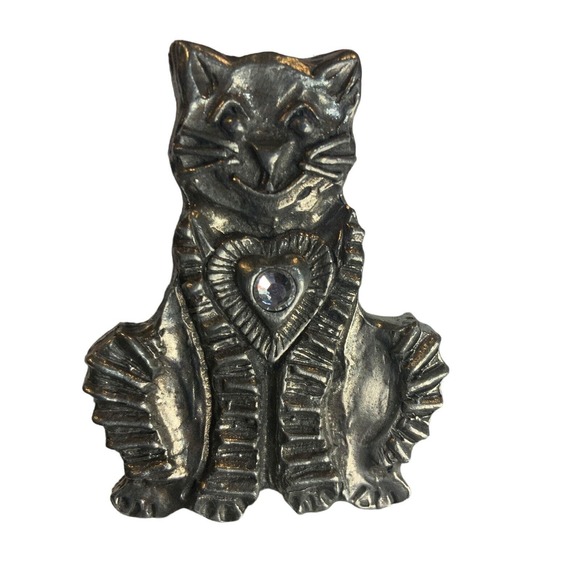 CHICOS‎ Silver Tone Cat Broach Womens Pin Kitten Clear Round Rhinestone Feline - Picture 1 of 7